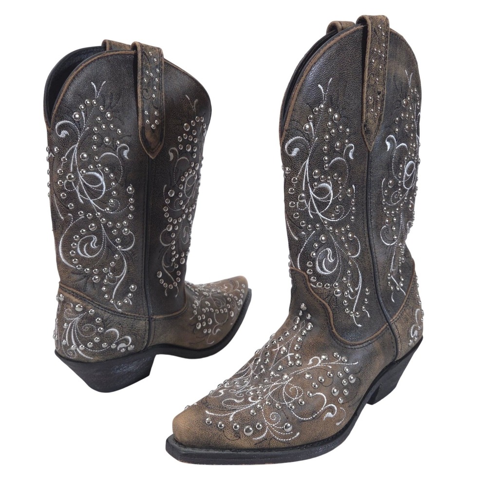 Rockin' Country Leather Studded Cowboy Boots Women 7M Western‎ Brown RC5071 Boho